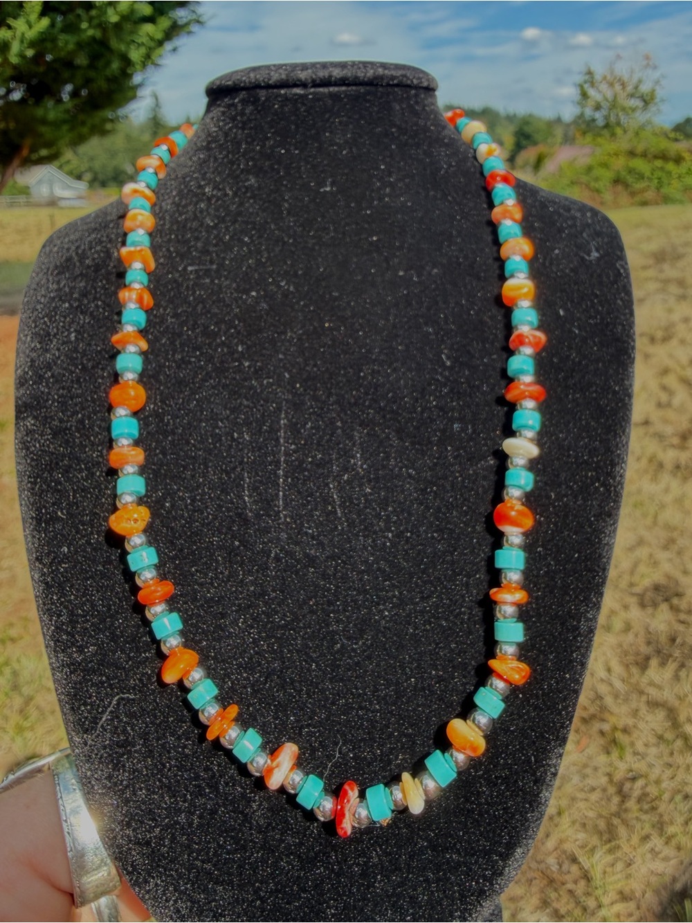 Genuine Turquoise & Orange Spiny Oyster Beaded Necklace -Stainless Steel Pearls